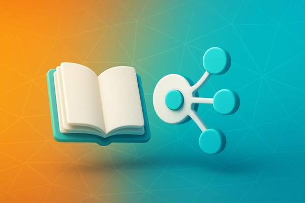 3D-Illustration eines offenen Buchs neben einem vernetzten Symbol mit Kreispunkten, dargestellt in Amber und Türkis auf modernem geometrischen Hintergrund.