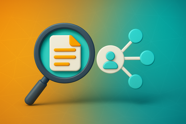 3D-Illustration mit Lupe und Dokument sowie einem vernetzten Nutzer-Symbol in Amber und Türkis – symbolisiert KI-gestützte Datensuche und Kontaktvernetzung